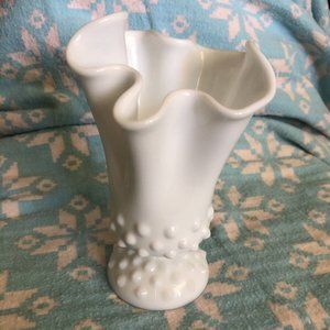 Vintage Fenton ? Milk Glass Swung Stretch Vase, Hobnail Handkerchief 6 3/4"